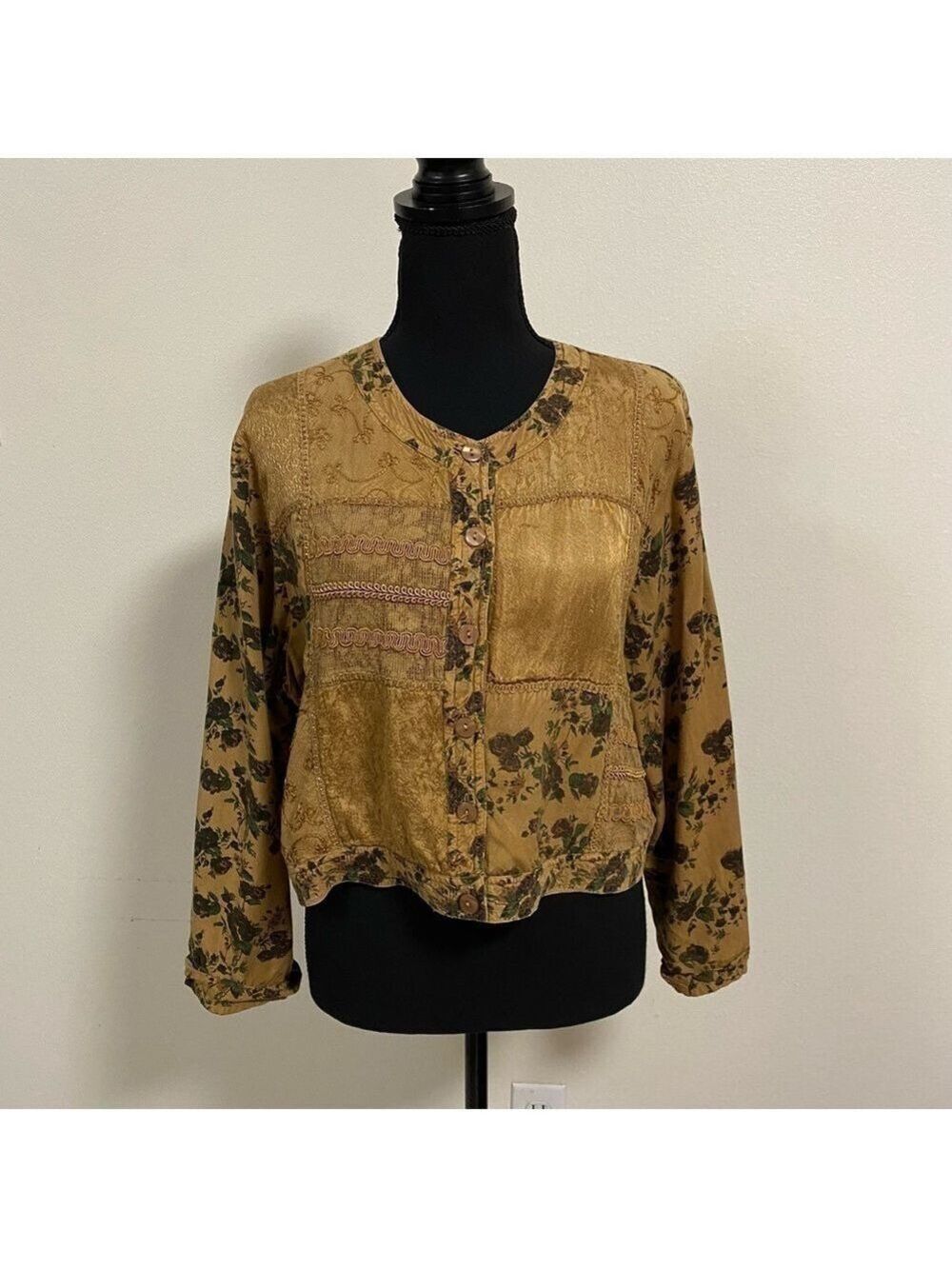 Country Wear Casual Button Jacket Brown Patchwork & Floral Size Petite Large
